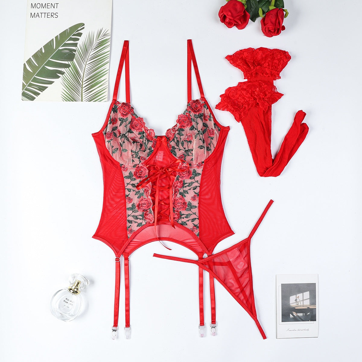 Enchanting Floral Embroidery Cross-Tie Lingerie Set | ULZZANG BELLA