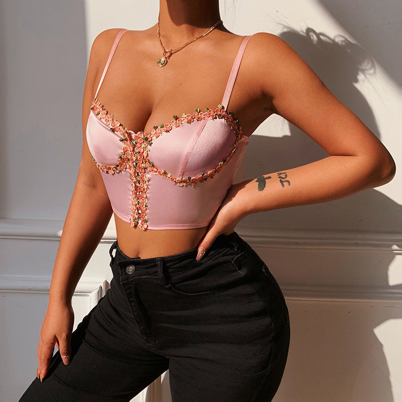 Floral Satin V-Neck Lace Suspender Crop Top for Women | ULZZANG BELLA