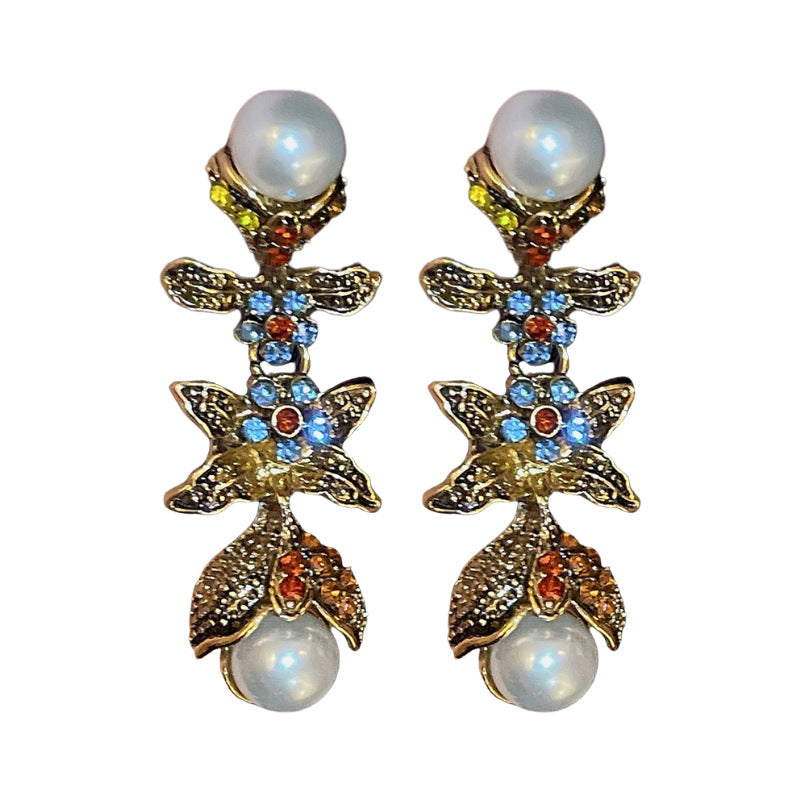 Elegant Silver Flower Pearl Earrings with Diamond Accents | ULZZANG BELLA