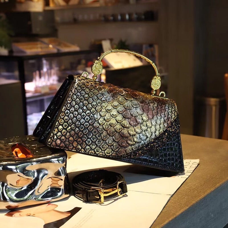 Elegant Snake Grain Leather Trapezoid Crossbody Bag in Black | ULZZANG BELLA