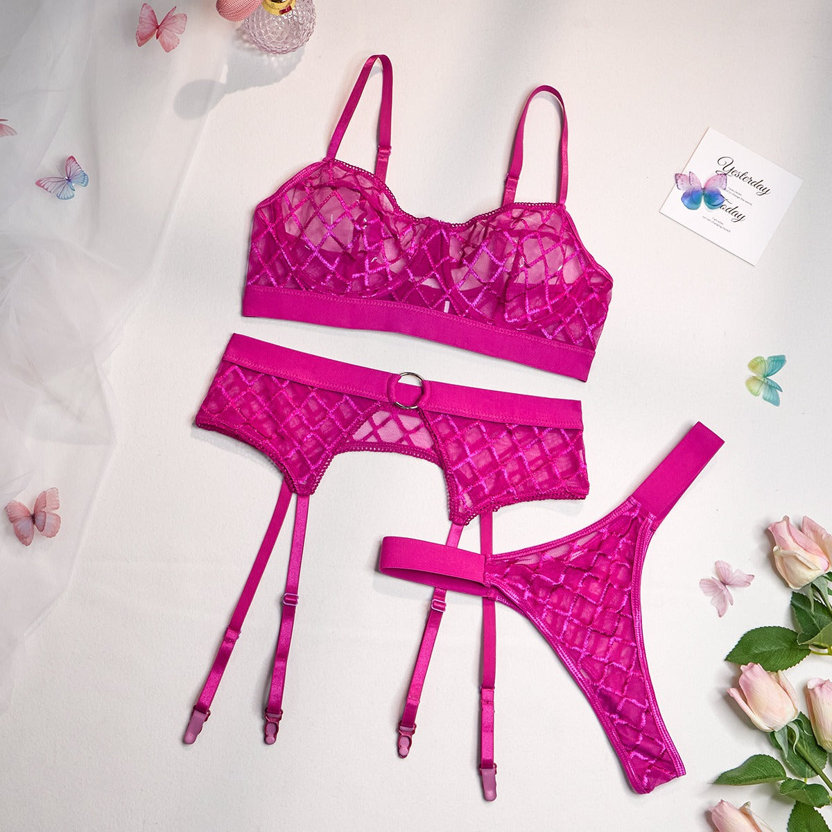 Seductive Delights Three-Piece Mesh Lingerie Set | ULZZANG BELLA