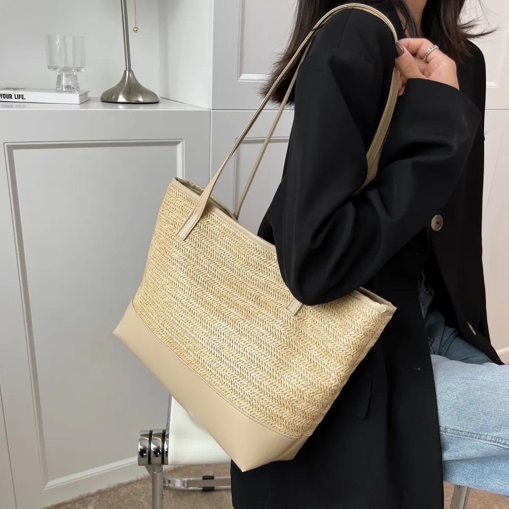 Elegant Straw Weave Leather Strap Tote Bag | ULZZANG BELLA