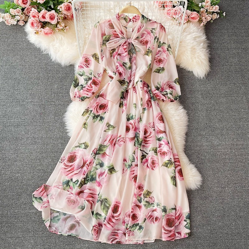 Dress Print Skirt Bow Tie Light Ripe Rose Holiday Swing Long Waist French Style