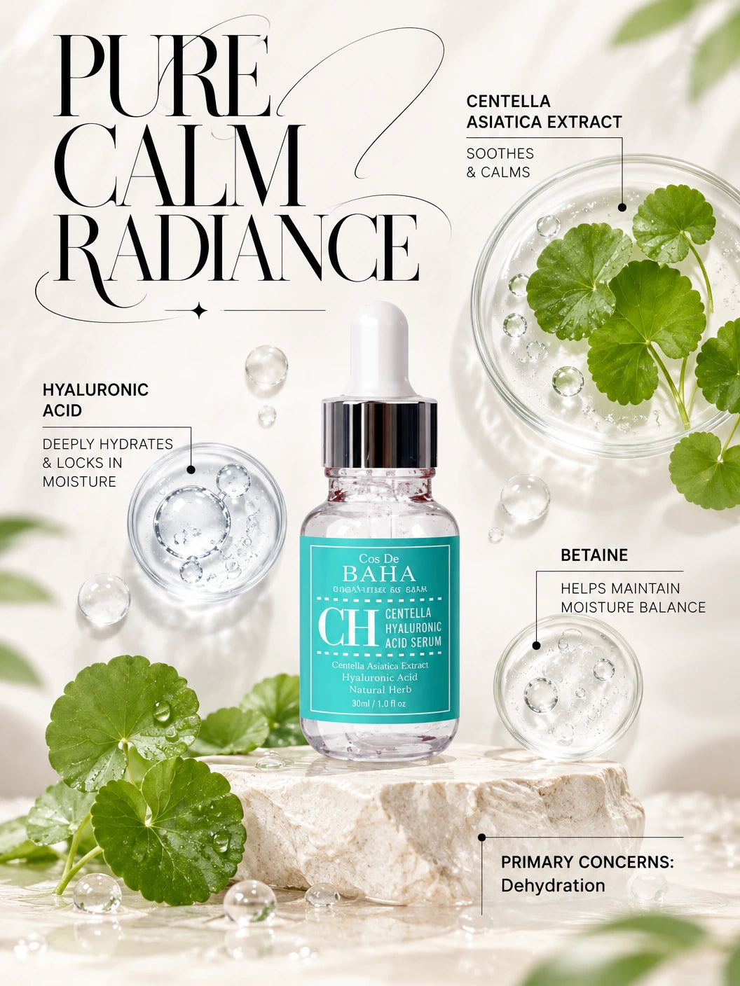 CH Centella Hyaluronic Acid HA Serum 30ml | COS DE BAHA | COS DE BAHA CH Centella HA Serum – Soothing Hydration