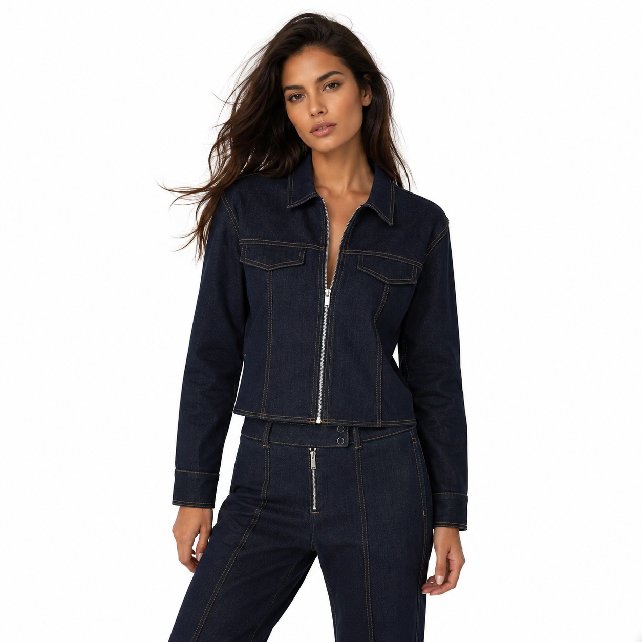 Discover athé's Luxurious Denim Open Front Jacket & Full-Length Pants Set, crafted in South Korea for unparalleled elegance and sophistication in every moment.