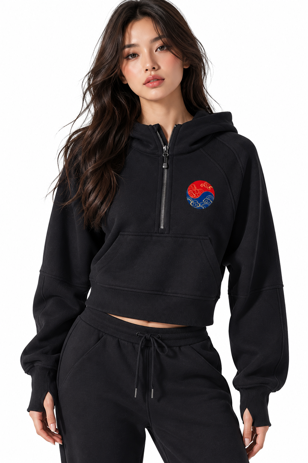 ULZZANG BELLA Korean Dragon Cropped Half-Zip Hoodie - Bold Streetwear
