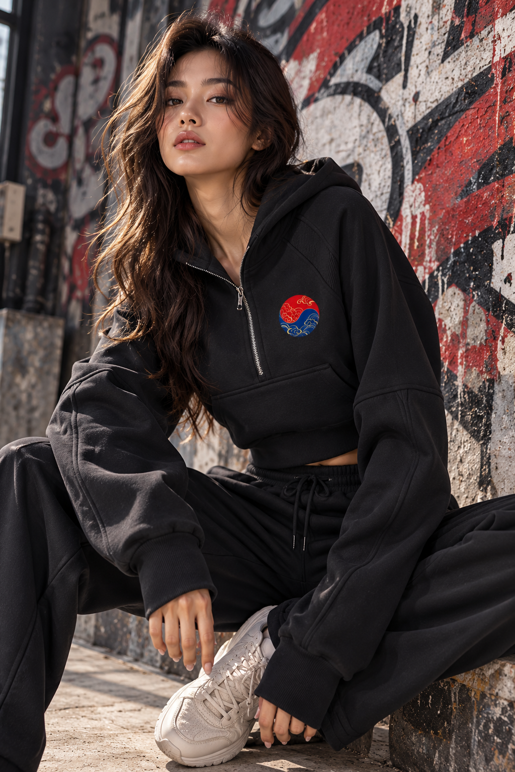 ULZZANG BELLA Korean Dragon Cropped Half-Zip Hoodie | Bold Streetwear