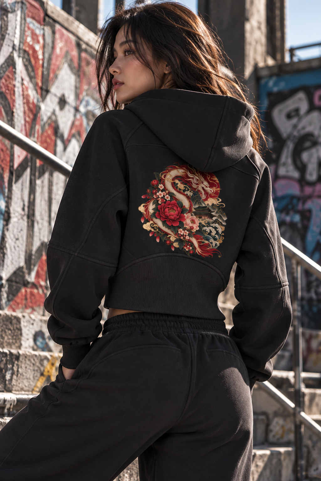 ULZZANG BELLA Korean Dragon Cropped Half-Zip Hoodie | Bold Style