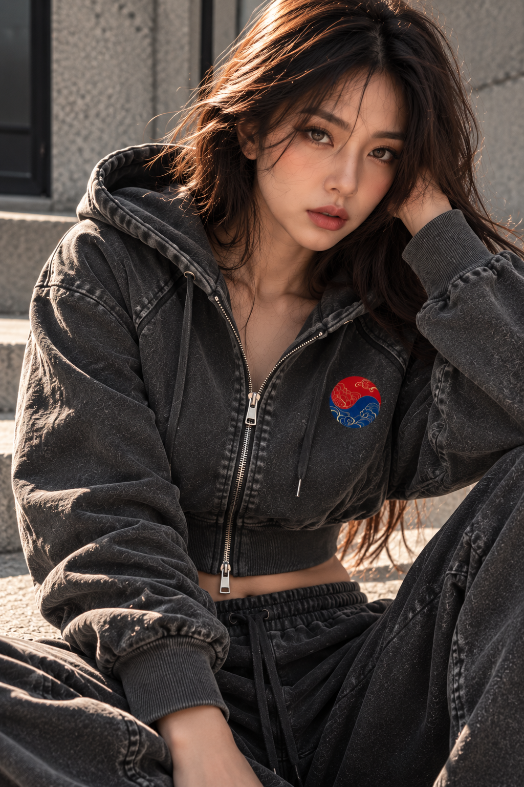 ULZZANG BELLA Vintage Wash Cropped Fitness Hoodie for Warmth