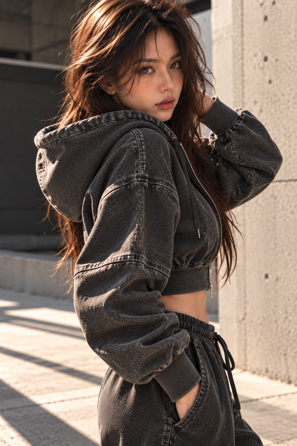 ULZZANG BELLA Vintage Wash Cropped Fitness Hoodie for Effortless Style