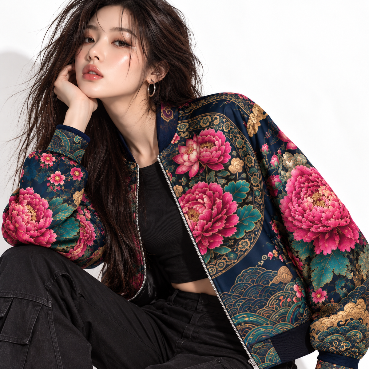 ULZZANG BELLA Midnight Peony Bomber Jacket - Embrace Korean Elegance