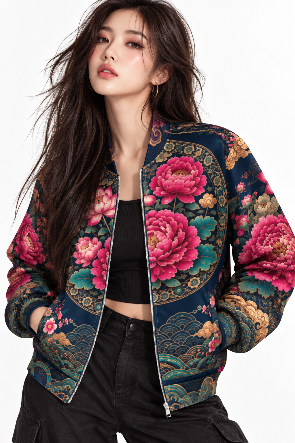 ULZZANG BELLA Midnight Peony Bomber Jacket - Embrace Korean Elegance