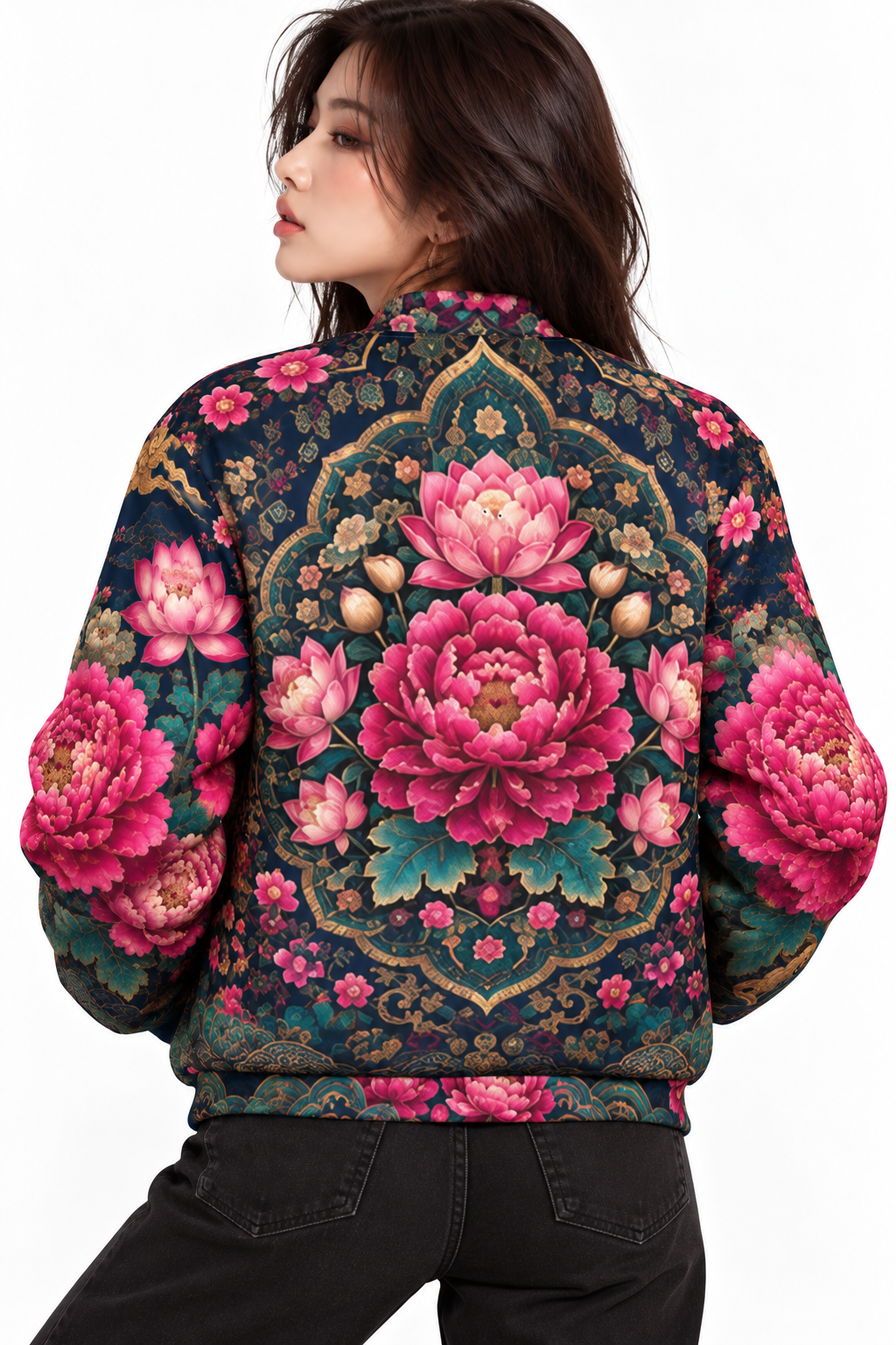 ULZZANG BELLA Midnight Peony Bomber Jacket - Embrace Korean Elegance