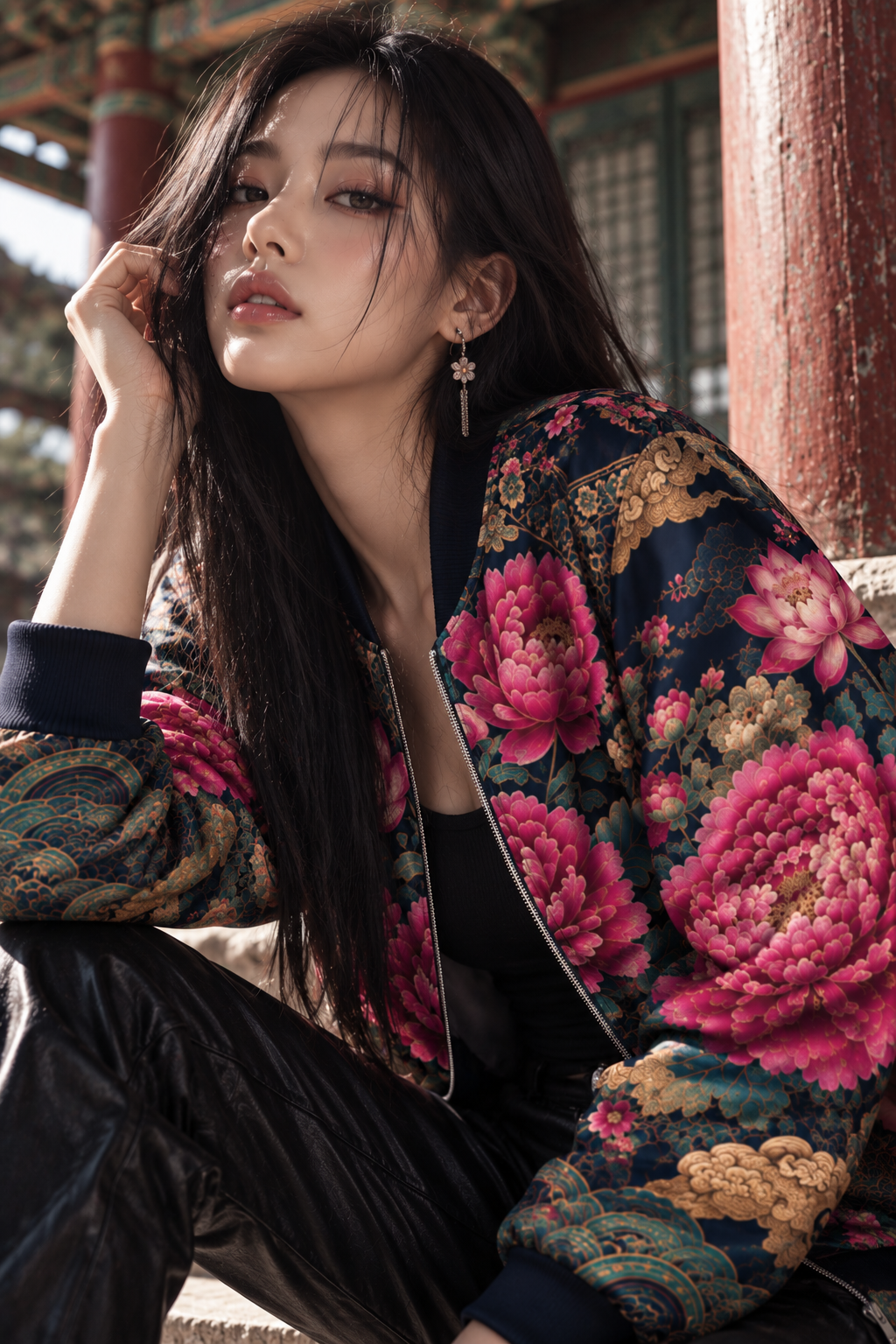 ULZZANG BELLA Midnight Peony Bomber Jacket | Timeless Elegance