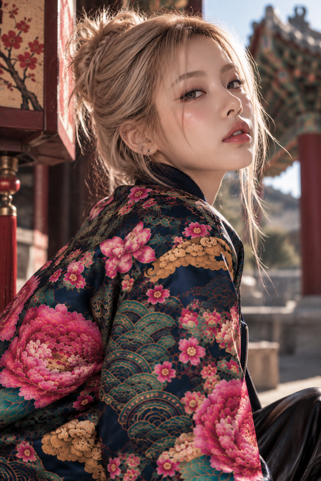 ULZZANG BELLA Midnight Peony Bomber Jacket | Luxurious Floral Elegance