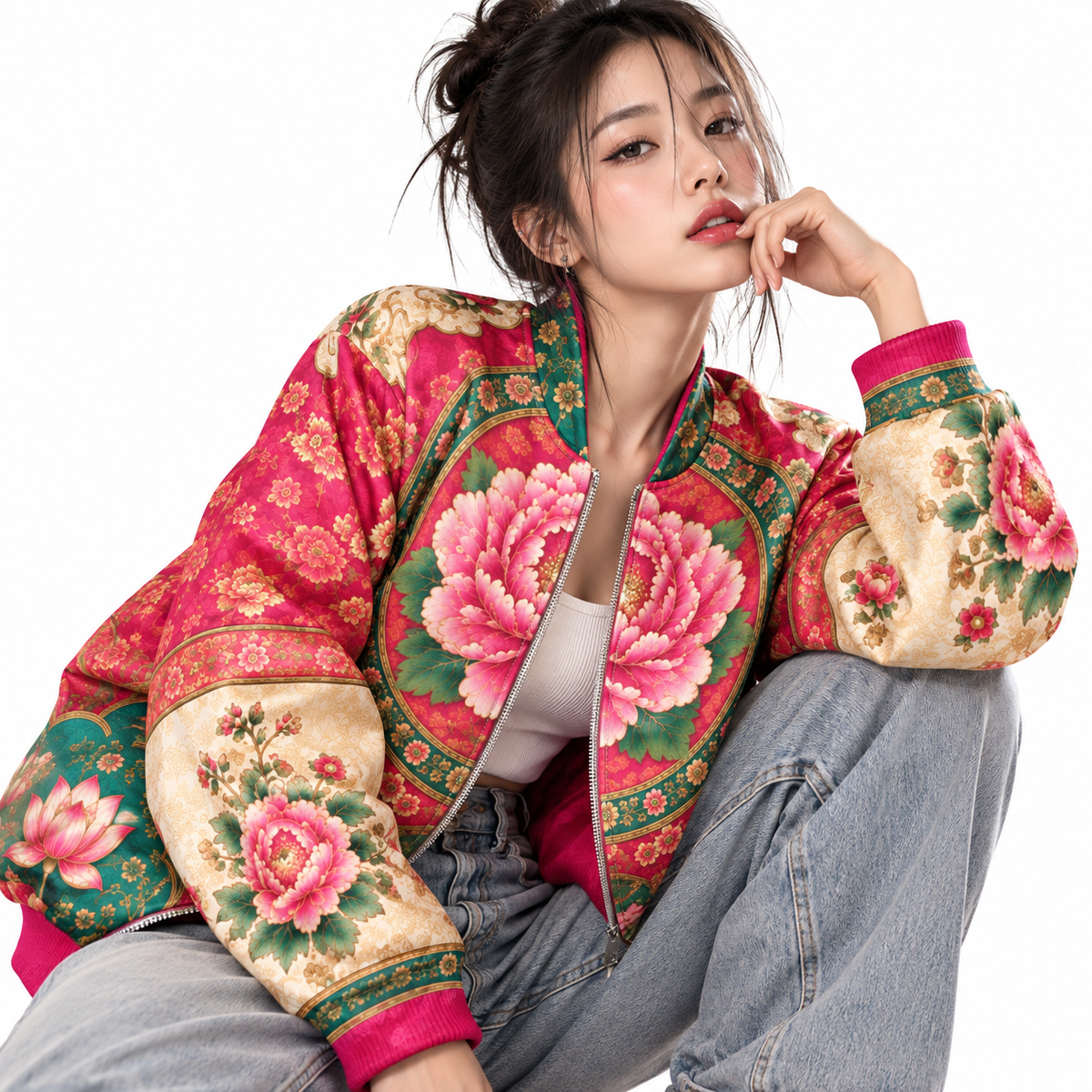 ULZZANG BELLA Imperial Peony Bomber Jacket - Regal Elegance