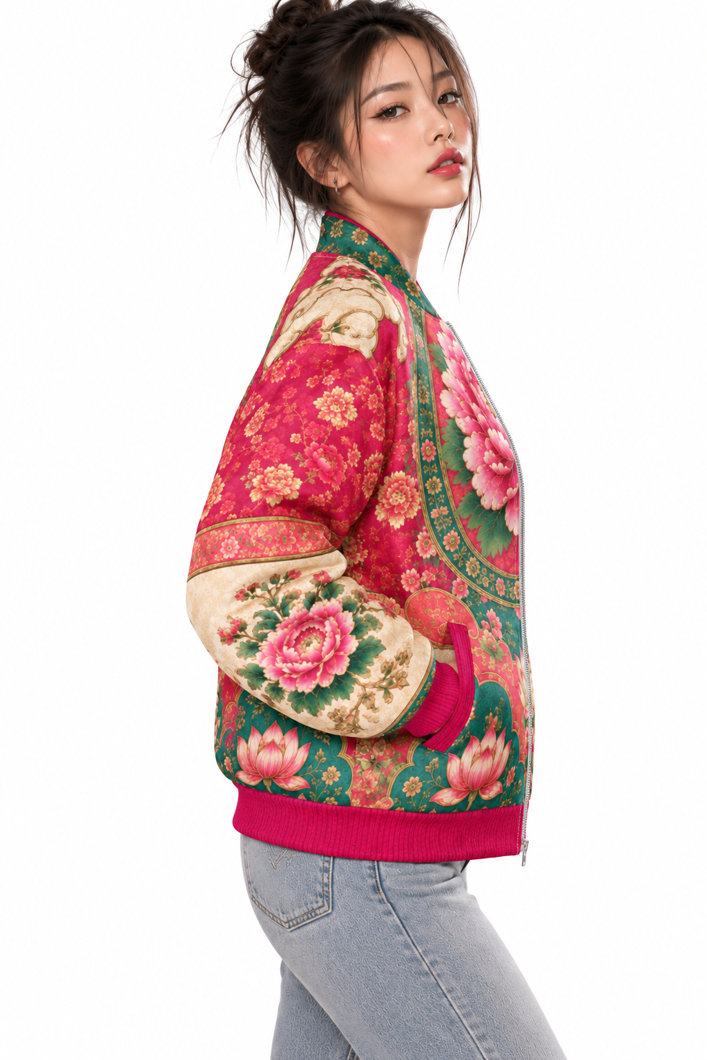 ULZZANG BELLA Imperial Peony Bomber Jacket - Regal Elegance