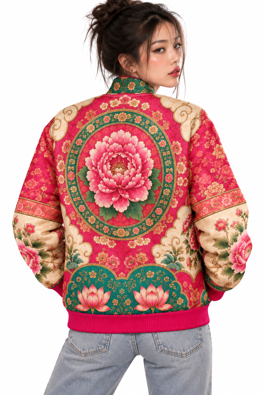 ULZZANG BELLA Imperial Peony Bomber Jacket - Regal Elegance