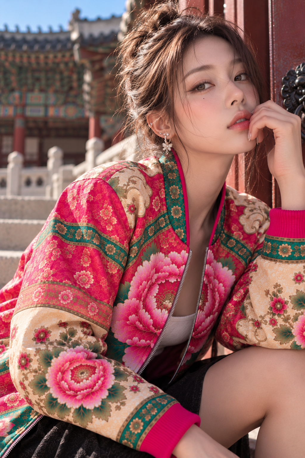 ULZZANG BELLA Imperial Peony Bomber Jacket - Regal Korean Elegance