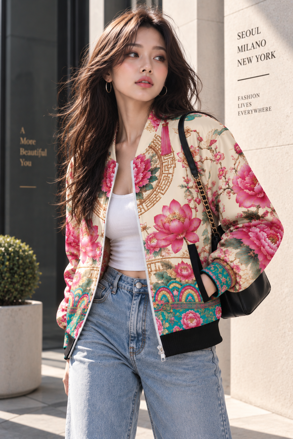 ULZZANG BELLA Guardian Peony Bomber Jacket - Timeless Elegance