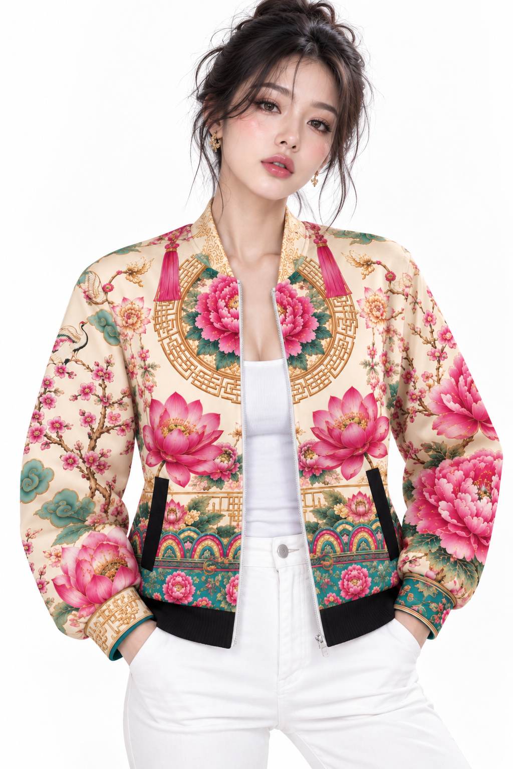 ULZZANG BELLA Guardian Peony Bomber Jacket - Elegant Floral Design