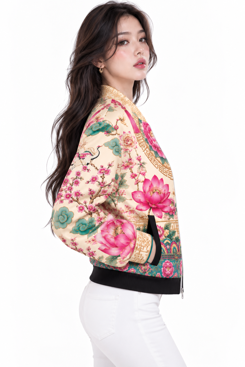 ULZZANG BELLA Guardian Peony Bomber Jacket - Elegant Floral Design