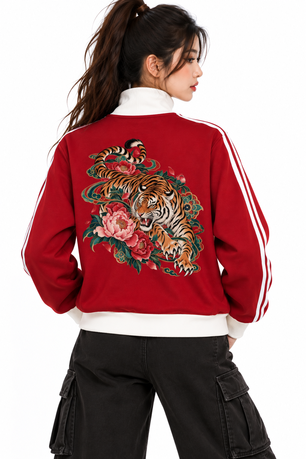 Korean Tiger Fleece-Lined Colorblock Track Jacket | ULZZANG BELLA
