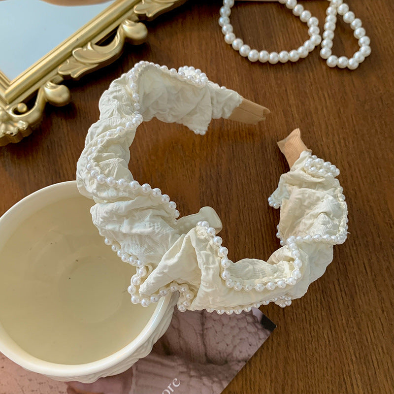 New French Style Milk White Face Wash Headband Female All-Match Headband Hair Bundle Headdress Pearl Big Bow