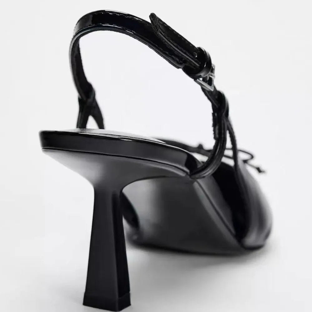 Elegant Black Patent Leather Bow Sandals with Shallow Strap | ULZZANG BELLA