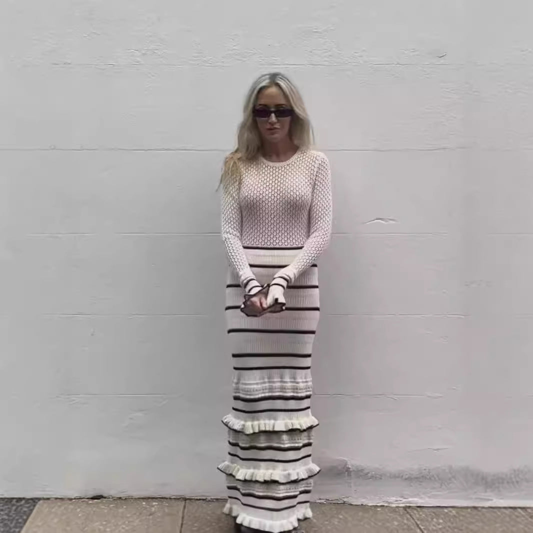Elegant Slim Fit Knitted Dress with Striped Splicing | ULZZANG BELLA