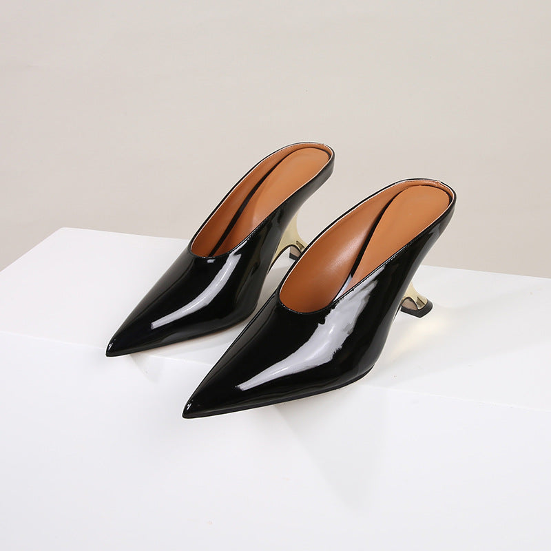 Lustrous Patent Leather High Heeled Slippers | ULZZANG BELLA