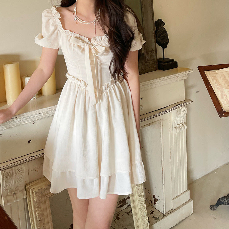 Elevate Your Wardrobe with the Summer French Retro Apricot Lace Bow Puff Sleeve Dress | ULZZANG BELLA