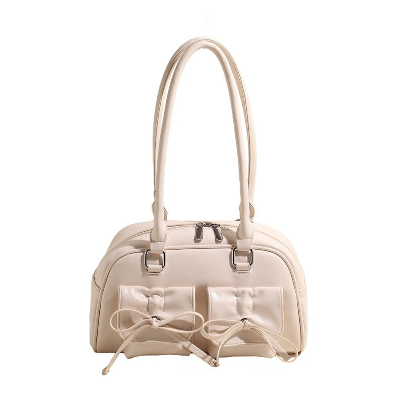 Elegant Baguette Shoulder Bag with Bow Accent | ULZZANG BELLA