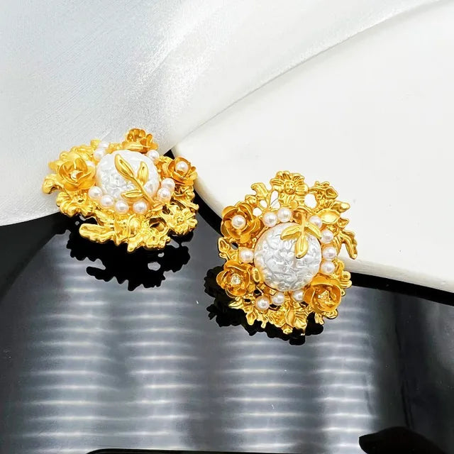 French Vintage Gold Plated Flower Pearl Stud Earrings | ULZZANG BELLA