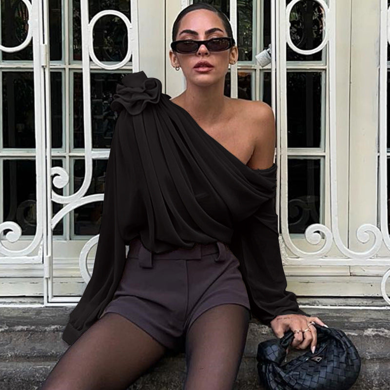 Elevate Your Style with Chic Slant Shoulder Chiffon T-Shirt | ULZZANG BELLA
