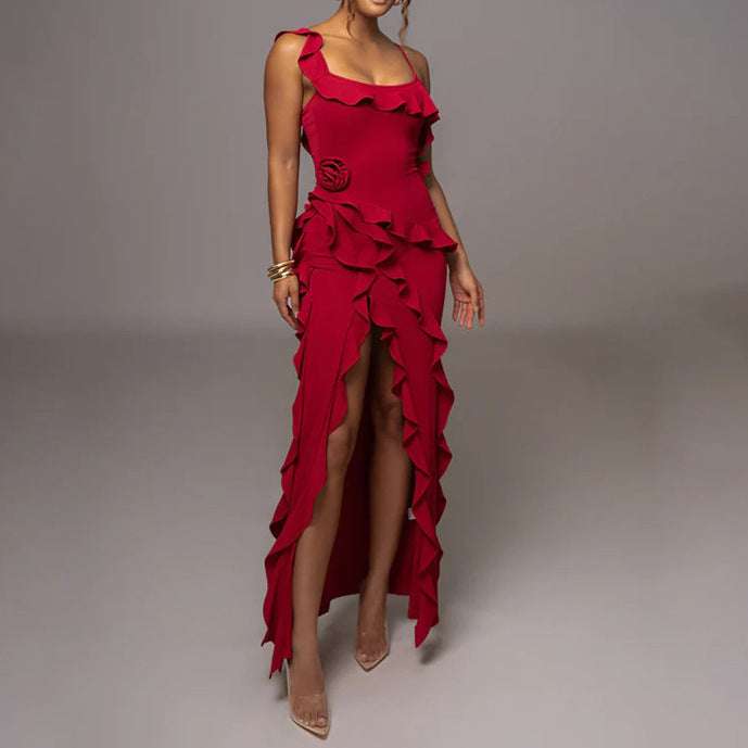 Elegant Irregular Hem Floral Strapless Long Dress | ULZZANG BELLA