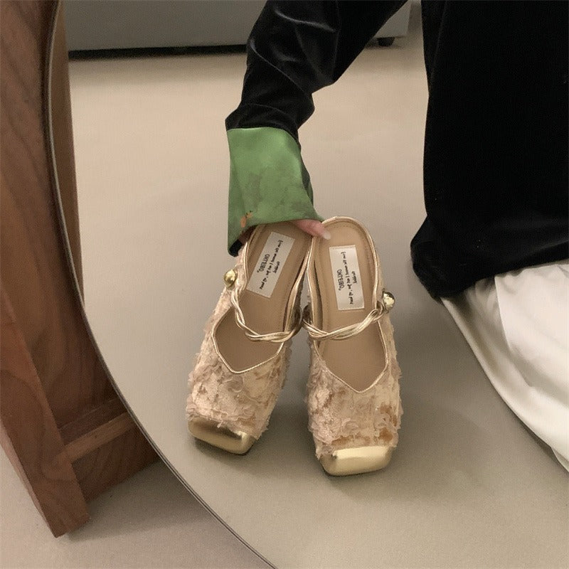 Indulge in Elegance: Retro Chinese Style Suede Half Slippers with Velcro Closure | ULZZANG BELLA