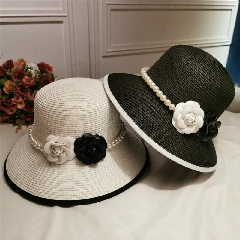 Elegant Pearl Embellished French Retro Straw Hat for Women | ULZZANG BELLA