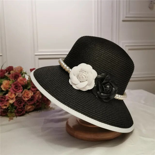 Elegant Pearl Embellished French Retro Straw Hat for Women | ULZZANG BELLA