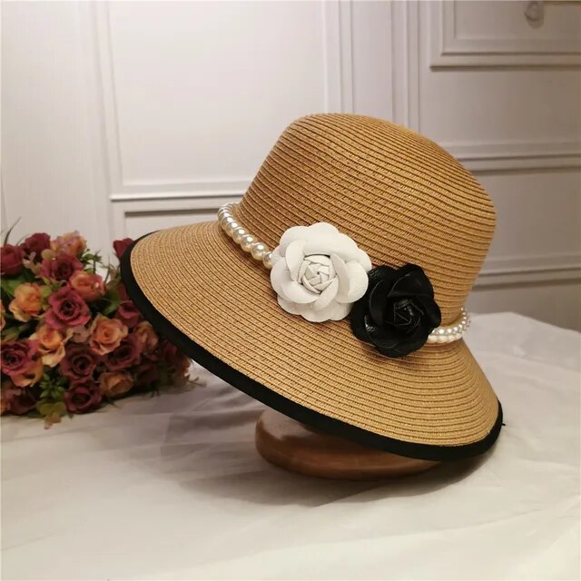 Elegant Pearl Embellished French Retro Straw Hat for Women | ULZZANG BELLA