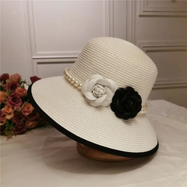 Elegant Pearl Embellished French Retro Straw Hat for Women | ULZZANG BELLA