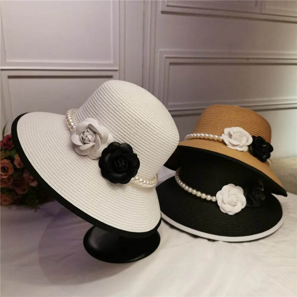 Elegant Pearl Embellished French Retro Straw Hat for Women | ULZZANG BELLA