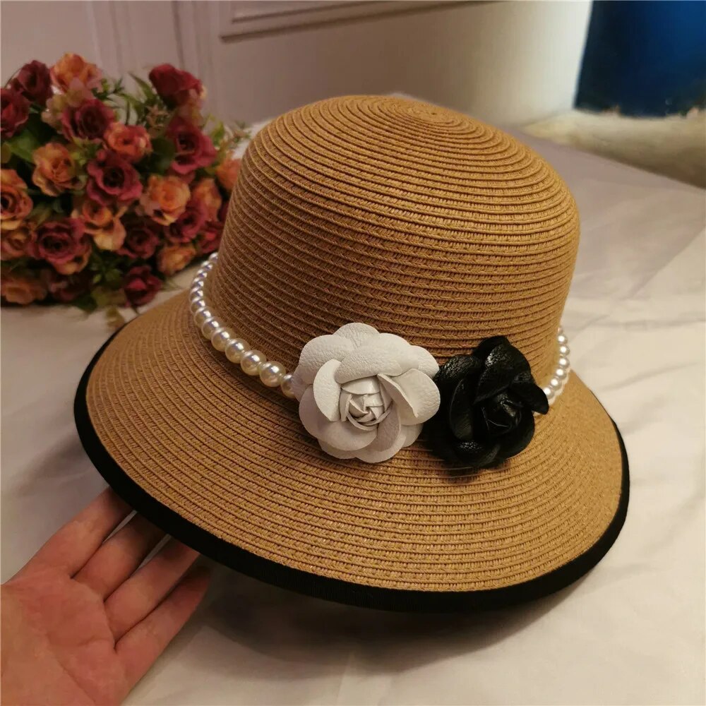Elegant Pearl Embellished French Retro Straw Hat for Women | ULZZANG BELLA