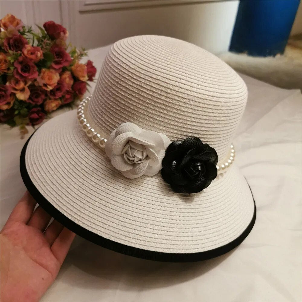 Elegant Pearl Embellished French Retro Straw Hat for Women | ULZZANG BELLA