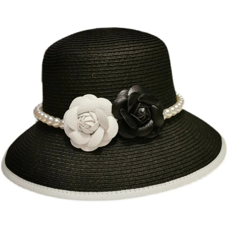 Elegant Pearl Embellished French Retro Straw Hat for Women | ULZZANG BELLA