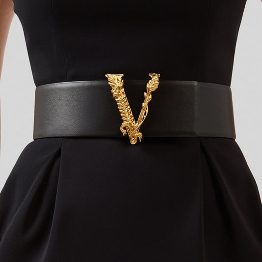 Luxury V-Shaped Wide Waist Seal Leather Belt for Women | ULZZANG BELLA