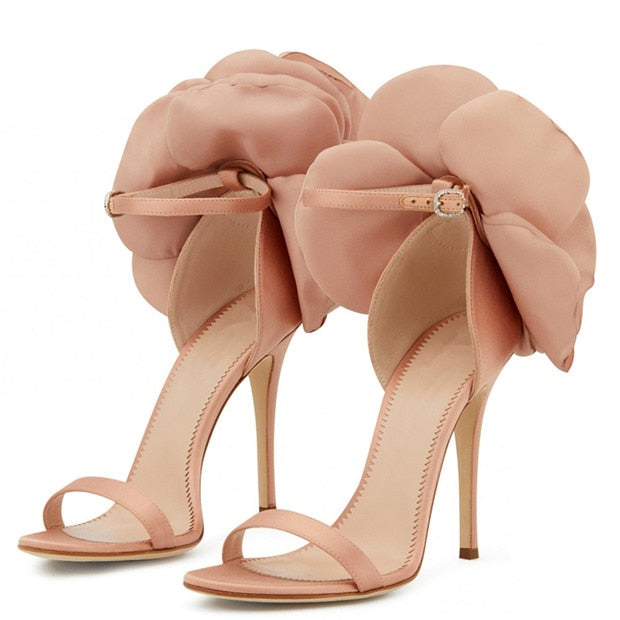 Satin Flower Sheepskin High Heel Sandals for Women | ULZZANG BELLA