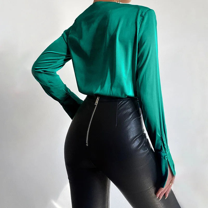 Elegant V-Neck Satin Bodycon Bodysuit for Women | ULZZANG BELLA