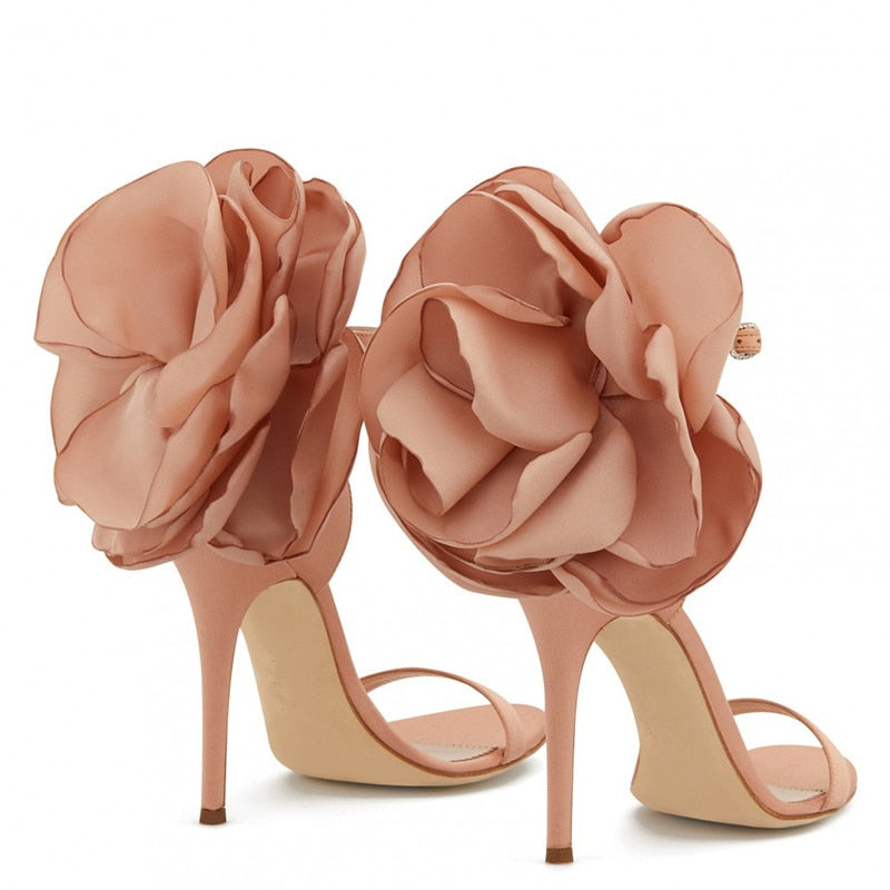 Satin Flower Sheepskin High Heel Sandals for Women | ULZZANG BELLA