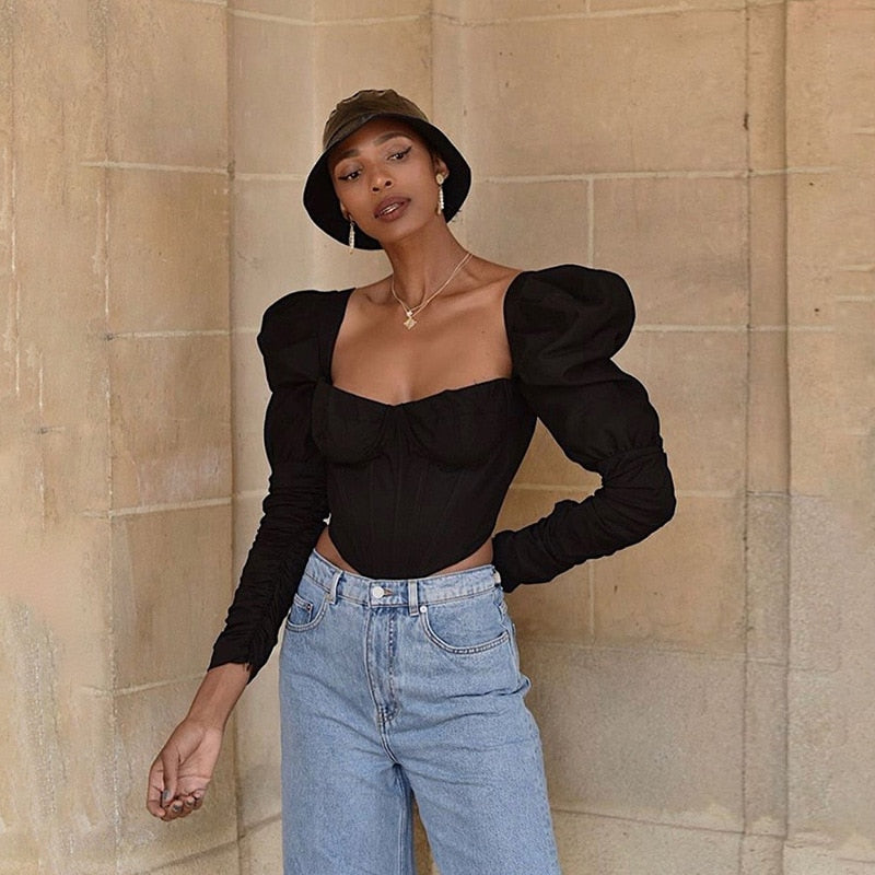 Chic Puff Long Sleeve Crop Top Bustier for Women | ULZZANG BELLA